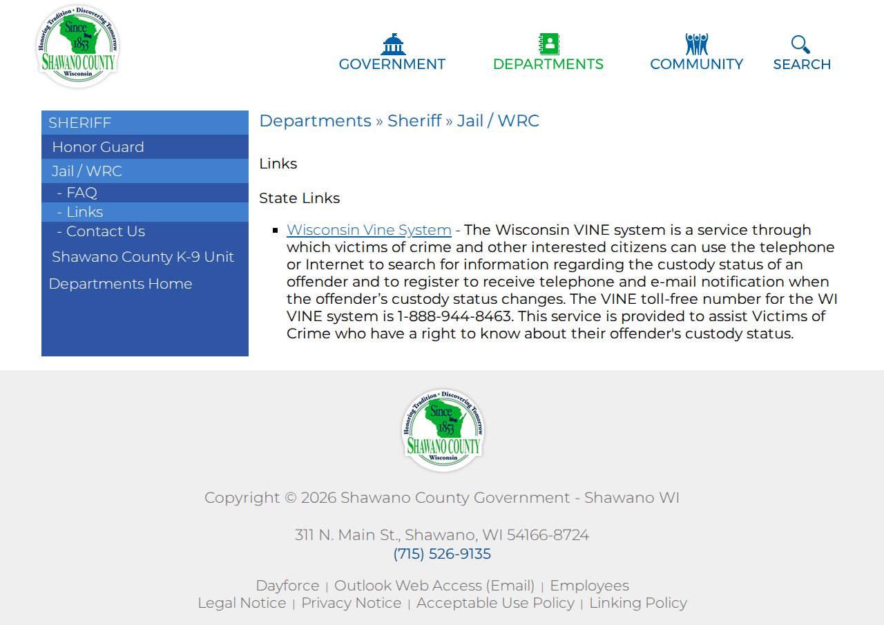 Shawano County Sheriff linked Wisconsin VINE custody-status record resource