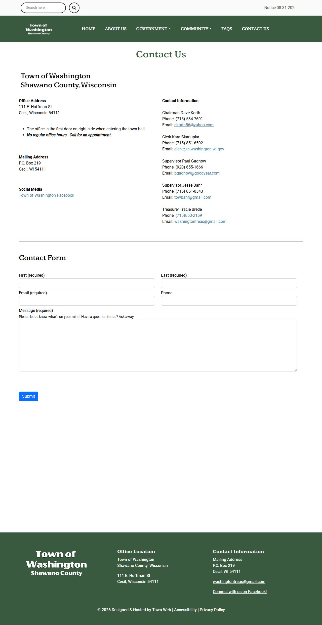 Shawano County Town of Washington administrative contact source