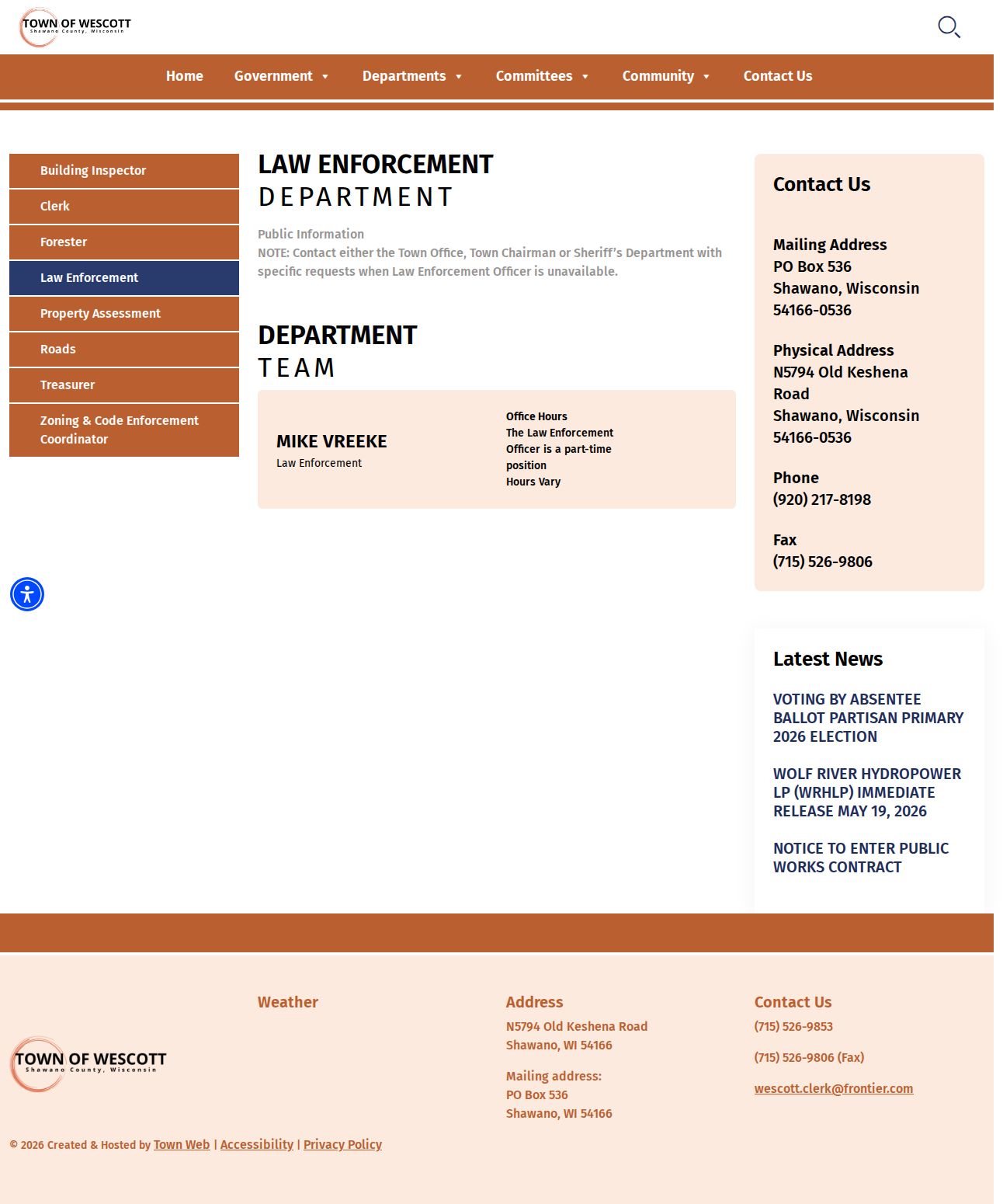 Shawano County Town of Wescott law-enforcement records source